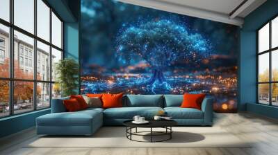 blue cyber polygon tree network connection technology concept with futuristic elements Abstract concept and planet earth with futuristic elements. Cartoon vector illustration. Wall mural