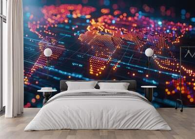 global network technology concept, dotted world map graphic with futuristic elements Abstract mashed lines and dot scale with grid line mesh World Map Wall mural