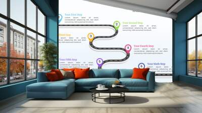 6 Steps Road Map Infographic with Pin Pointers and Editable Text on a 16:9 Ratio for Business Goals, Targets, and Website Design. Wall mural