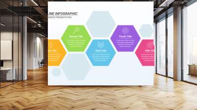 Hexagon Horizontal Workflow Infographic With 5 Steps and Editable Text for Business Structure, Subsidiary, and Business line. Wall mural