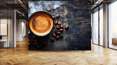 cup of coffee on table with coffee beans.  Wall mural