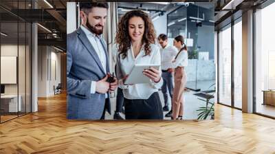 Business people having fun and chatting at workplace office Wall mural