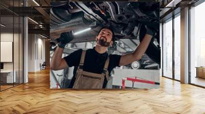 Professional auto mechanic working on the undercarriage of a car. Wall mural