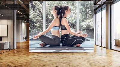 Two sporty girls training yoga in light gym. Wall mural