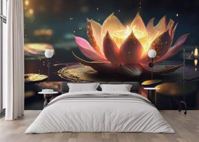 Beautiful representation of a lotus flower or water lily in a pond illuminated by candles and sparks of light. Environment of reflection and meditation. Generative Ai. Wall mural