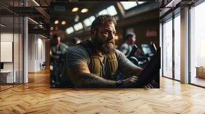 corulent man doing his routine with the stationary bike at the gym. Wall mural