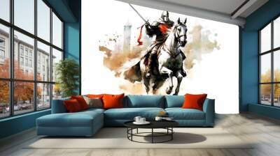 Knight with a weapon in his hand galloping into battle. Wall mural