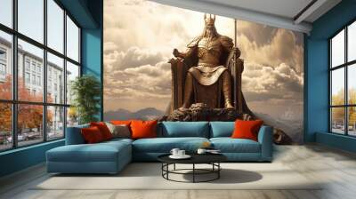 Portrait of Zeus or Jupiter or a Hellenic god with his crown and sitting on his majestic throne on a mountain. Wall mural