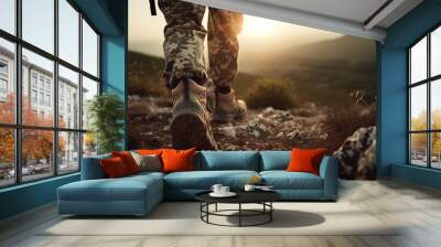 Sneakers and tactical camouflaged pants in a natural environment. Generative AI. Wall mural