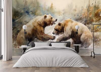 Watercolor painting of two brown or grizzly bears fighting.Generated with AI. Wall mural