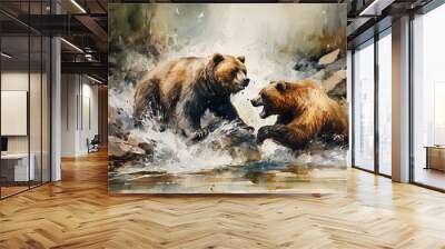 Watercolor painting of two brown or grizzly bears fighting.Generated with AI. Wall mural