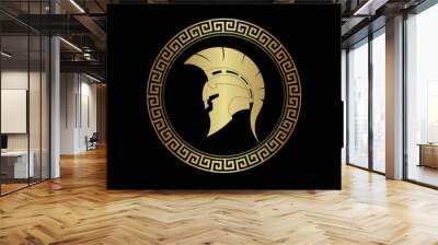 Spartan shield with helmet of the Spartan warrior symbol, emblem.  Vector illustration of spartan shield and helm, Spartan Greek gladiator helmet armor flat vector icon Wall mural