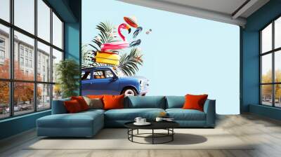 Blue car toy with luggage and pink flamingo on blue background with copy space. 3D Rendering, 3D Illustration Wall mural