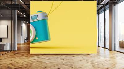 Blue retro camera on yellow background. Summer travel concept. 3D rendering, 3D Illustration Wall mural