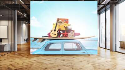 Car with luggage on the roof ready for summer vacation 3D Rendering Wall mural