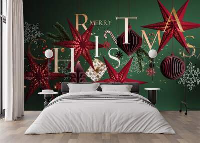 Christmas decoration with text on green background. Creative Merry Christmas greeting card design. 3D Rendering, 3D Illustration Wall mural