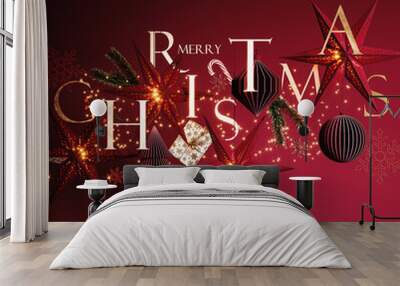 Christmas decoration with text on red background. Creative Merry Christmas greeting card design. 3D Rendering, 3D Illustration Wall mural