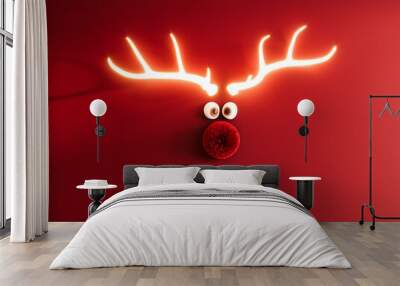 Christmas reindeer with red nose and glowing antlers. Merry Christmas banner with text on red paper background. 3D Rendering, 3D Illustration Wall mural