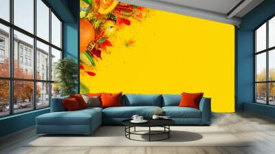 Colorful pumpkins with corn and dry leaves on yellow autumn background 3D Rendering, 3D Illustration Wall mural