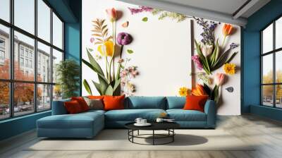 Colorful spring flowers with white copy space. Beautiful mockup spring background. Illustration Wall mural