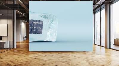 Credit card frozen in ice cube on blue background 3D Rendering Wall mural