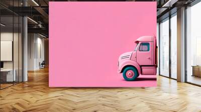 Cute pink truck full of colorful Easter eggs on pink background with copy space. Easter is here concept. Illustration AI Wall mural