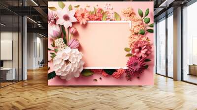 Empty pink picture frame with colorful spring flowers on pink background. Illustration AI Wall mural