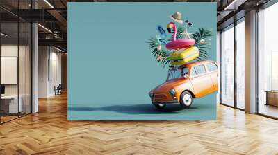 Funny orange retro car with summer vacation accessory on green background 3D Rendering, 3D Illustration Wall mural