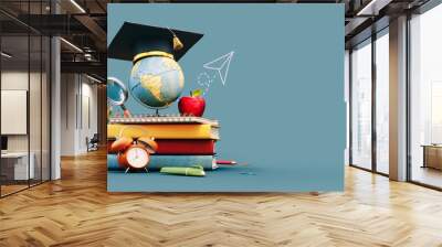 Globe with graduation hat and school accessory on blue background with copy space. 3D Rendering, 3D Illustration Wall mural