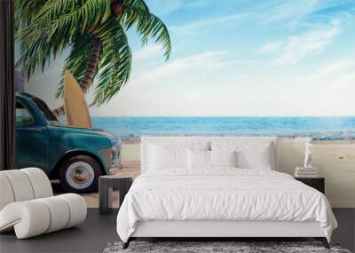 Green car with luggage ready for summer holidays 3D Rendering Wall mural