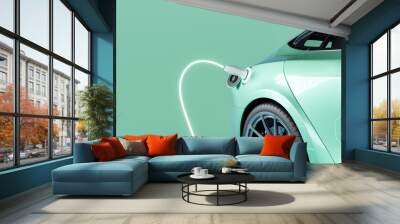 Green electric car connected to charger on green background with copy space. 3D Rendering, 3D Illustration Wall mural