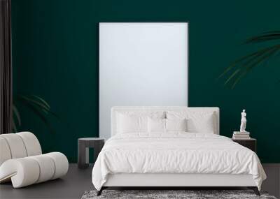 Green mock up room with big white picture frame and palm leaf decoration 3D Rendering Wall mural