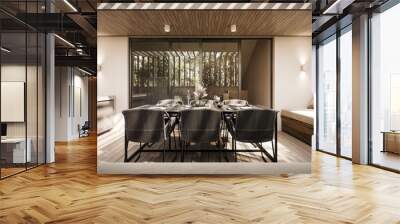 Modern interior design of home terrace with dining table setup and built in outdoor barbeque 3D Rendering, 3D Illustration Wall mural