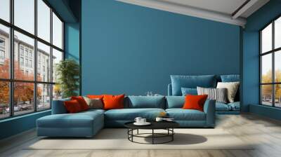 Modern interior design of living room with blue sofa  and empty mock up wall background 3D Rendering, 3D Illustration	 Wall mural