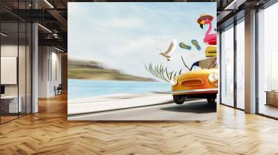 Orange retro car with luggage and beach accessories in a rush for summer vacation. Summer travel concept background. 3D Rendering, 3D Illustration Wall mural