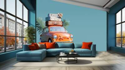 Orange retro car with luggage on the roof ready for summer travel 3D Rendering, 3D Illustration Wall mural