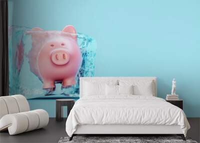 Piggy bank frozen in ice cube on blue background 3D Rendering Wall mural