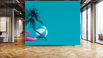 Pink flamingo and palm tree on blue summer background 3D Rendering, 3D Illustration Wall mural