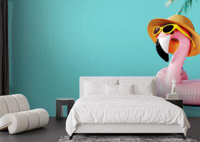 Pink flamingo with hat and sunglasses on turquoise blue background with copy space. Summer travel concept design. 3D Rendering, 3D Illustration Wall mural