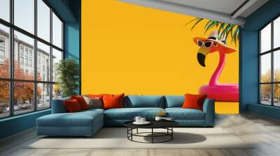 Pink flamingo with sunglasses and hat under palm leaf on yellow summer background 3D Rendering, 3D Illustration Wall mural