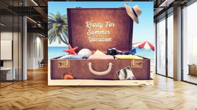 Ready for summer holidays - Suitcase with accessories and backdrop space 3D Rendering Wall mural