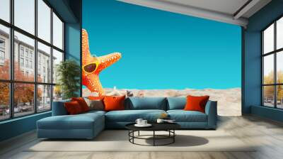 Red starfish with sunglasses and palm leaf at the beach on blue background 3D Rendering, 3D Illustration Wall mural