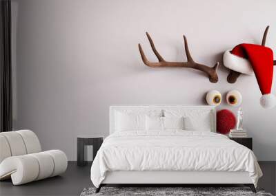 Reindeer with red nose and Santa hat on white background 3D Rendering, 3D Illustration Wall mural