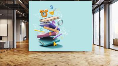 School accessories with books and alarm clock. Back to school concept on blue background with copy space. 3D Rendering, 3D Illustration Wall mural