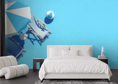 Two beach chairs and umbrella on blue background, summer concept 3D Rendering Wall mural