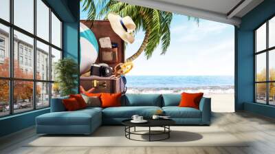 Unpacked travel suitcase on the beach anther the palm tree. Summer concept background 3D Rendering  Wall mural