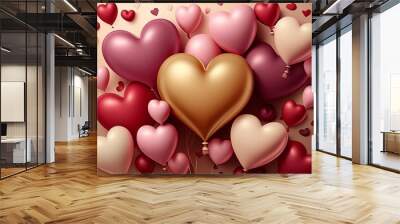 Valentine's day background with colorful hearts. Variety of hearts shaped balloons flying around. Illustration Wall mural