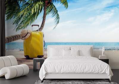 Yellow suitcase under palm tree on sunny beach, travel background 3D Rendering Wall mural