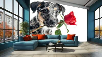 A dog holding a red rose in its teeth, isolated on white background Wall mural