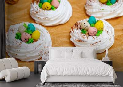 Mini Pavlova meringue nest with eggs, easter sweets Wall mural